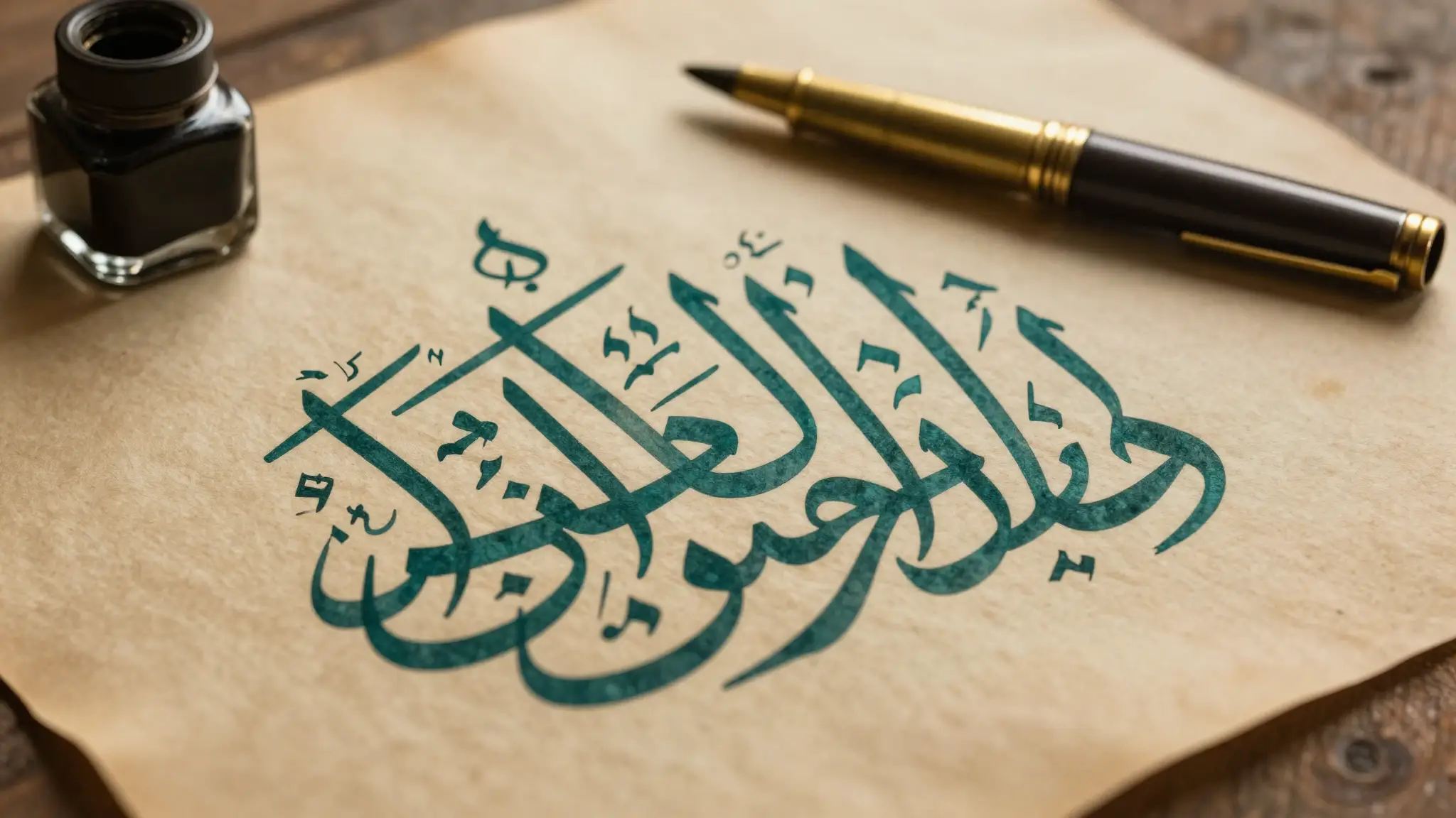 خطٌّ عربيٌّ متدفّقٌ وريشةٌ نحاسيّةٌ ومحبرة على ورقٍ قديم يرمز إلى عراقة اللغة العربية وجمال الخطّ